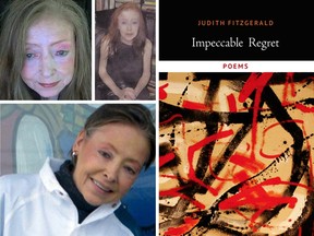 Images of poet Judith Fitzgerald from throughout her life, and the cover of her most recent volume of poetry, Impeccable Regret.