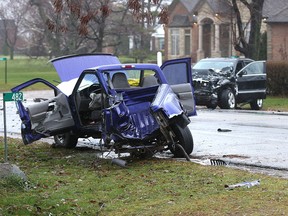 Ontario Provincial Police are investigating a serious accident between a pickup truck and a Jeep Cherokee on Talbot Street West at County Road 31 in Leamington, Ont. on Nov. 27, 2015.