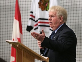 Former NHL player Pat Stapleton speaks to students at the F.J. Brennan Centre of Excellence and Innovation on Thursday, November 12, 2015, in Windsor, ON. He was also the captain of the team Canada 1972 Summit Series team.