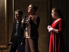 Anne Forrest, Charlene Senn and Dusty Johnstone (left to right) take part in a panel discussion on campus rapes at the Capitol Theatre in Windsor on Thursday, November 5, 2015.