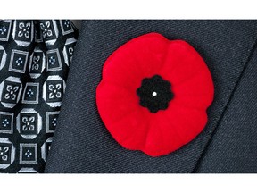 Red poppy lapel pin on suit jacket for Remembrance Day