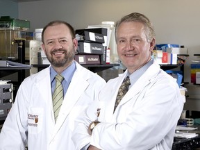 Research partners Ted Warkentin, left, and John Kelton have won the 2015 Prix Galien Canada prize, the highest award for Canadian scientists who have made significant advances in pharmaceutical research. (Courtesy of McMaster University)