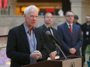 Jon Kelly, CEO of the Responsible Gambling Council, speaks as Kevin Laforet, Regional President of Caesars Windsor, and  John MacFarlane, Senior Vice President of gaming with Ontario Lottery and Gaming Corporation, look on during media a event at Caesars Windsor on November 17, 2015.  This month is the 10th anniversary for the Responsible Gaming Resource Centre program in Ontario Gaming venues.   One of the first sites to open a RGRC was Caesars Windsor.