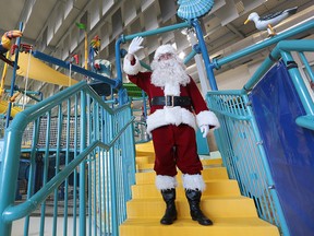 Santa is making a return to the Adventure Bay Family Water Park for the 2nd annual Rose City Ford Swim with Santa event. Santa will be posing with children in the lobby then heading to the pool for the swim. The event is on Saturday, Dec. 5, 2015, from 10 a.m. to 2 p.m. A donation of $2 dollars from each customer will go towards the Jumpstart Student Nutrition Program. Santa is shown in the water park during a media conference.