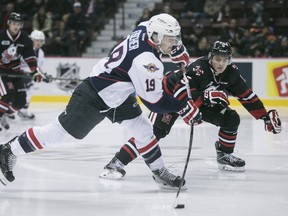 Windsor's Christian Fischer takes a shot on net during OHL action between the Windsor Spitfires and the Niagara IceDogs at the WFCU Centre, Sunday, Nov. 22, 2015.
