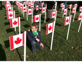 A young boy looks at a memorial for fallen Canadian soldiers in Afghanistan, during the 2015 Remembrance Day Ceremony in downtown Windsor, Ontario on November 11, 2015.  (JASON KRYK/WINDSOR STAR)