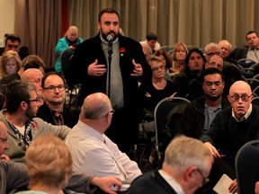 City Coun. Rino Bortolin asked if there was a plan to deal with extra costs relating to local infrastructure at the new single-site acute care hospital proposal during a DWBIA hospital town hall meeting at Riverfront Hotel Wednesday November 11, 2015.