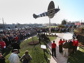 A Remembrance Day ceremony was held at the Essex Memorial Spitfire and Honour Wall in Essex, Ontario on Wednesday, Nov. 11, 2015. The Essex Memorial Spitfire and Honour Wall wall is dedicated to the men and women who served with the RAF and RCAF in Second World War.
