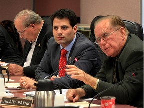 City councillors Ed Sleiman, left, Fred Francis and Hilary Payne question Melissa Osborne, the city's senior manager asset planning (not shown), during a presentation on funding models and projections for city roads Monday, Nov. 23, 2015.