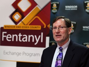 Dr. Gary Kirk, medical officer of health with the Windsor-Essex County Health Unit, made an announcement along with Windsor Police Service about the Windsor and Essex County Fentanyl Exchange Program held at Ziter Pharmacy Thursday Dec. 10, 2015.