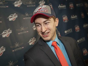 Windsor Spitfires first round pick, Gabe Vilardi, 15, from Kingston, Ont., speaks to the media at the WFCU Centre after being selected second overall in the OHL draft, Saturday, April 11, 2015.   (DAX MELMER/The Windsor Star)