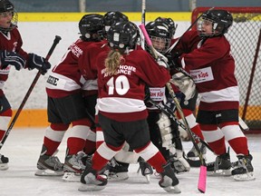 The Amherstburg Hospice Hurricanes celebrate their 1-0 win over the Harrow Caravan Kids during the 19th Annual Hockey for Hospice tournament at Forest Glade Arena, Sunday, Dec. 28, 2014.   (DAX MELMER/The Windsor Star)