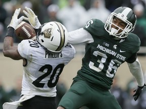 Windsor's Arjen Colquhoun, right, breaks up a pass for Purdue's Chris Frey in East Lansing, Mich. (AP Photo/Al Goldis, File)