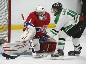 Windsor Junior Spitfires Curtis Jackson scores the winning goal past  Belle River Canadiens goaltender Evan Taylor during the 56th Annual Bantam-Midget International Tournament held at the WFCU Centre in Windsor, Ontario on December 30, 2015.  Windsor defeated Belle River to advance to the final.  (JASON KRYK/WINDSOR STAR)