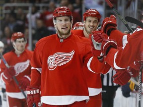 Detroit Red Wings left wing Justin Abdelkader celebrates his goal against the Buffalo Sabres in the first period of an NHL hockey game Tuesday, Dec. 1, 2015 in Detroit. (AP Photo/Paul Sancya)