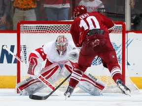 Goaltender Petr Mrazek #34 of the Detroit Red Wings stops a penalty shot from Martin Erat #10 of the Arizona Coyotes during the third period of the NHL game at Gila River Arena on February 7, 2015 in Glendale, Arizona. The Red Wings defeated the Coyotes 3-1.  (Photo by Christian Petersen/Getty Images)