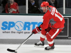 Detroit Red Wings forward Brad Richards skates during NHL hockey training camp, Friday, Sept 18, 2015, in Traverse City, Mich. (AP Photo/ John L. Russell)