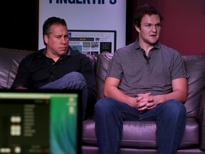 GM Warren Rychel, left, and current  Spits player Christian Fischer during Sitting with the Spitfires, the new, web broadcast featuring Windsor Star reporter Jim Parker in News Cafe. (NICK BRANCACCIO/Windsor Star)