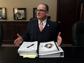Mayor Drew Dilkens fields questions about the 2016 City of Windsor budget at city hall in Windsor in this November 2015 file photo.