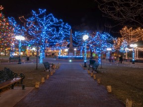 Christmas lights and decorations on historic Santa Plaza in New Mexico. Photo by fotolia.com.