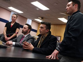 Janet Casey, Kyle Devine, Stephen Hargreaves and Karl Lonsbery (left to right) from the Downtown Business Accelerator speak during the city council budget meeting at city hall in Windsor on Monday, Dec. 21, 2015.