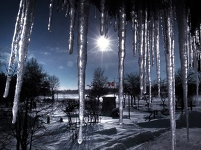 Icicles hang from a municipal building at Navy Yard Park in Amherstburg on Jan. 6, 2014.