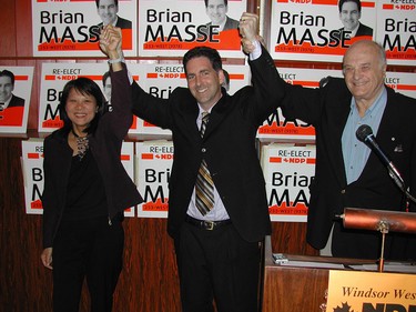 Windsor West MP Brian Masse is flanked by Toronto city councillor Olivia Chow and former Manitoba Premier Howard Pawley Sunday. Masse was acclaimed as the NDP candidate for the possible upcoming federal election.