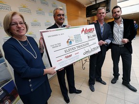 Lucia St. Aubin (left) and Ilias Kiritsis (second from right) accept an $11,000 cheque from Jack and Jake (right) Jorgensen at Windsor Regional Hospital in Windsor on Thursday, Dec. 10, 2015. The money was raised at the Advance Business Systems annual American Thanksgiving Football Classic. This year Pediatric Services at Windsor Regional Hospital was chosen as the recipient.