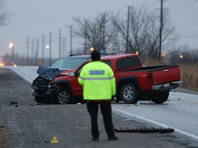 Police continue to investigate at the scene of a multi-vehicle accident on the Lauzon Parkway near County Road 42 in Windsor on Monday, Dec. 21, 2015. The accident happened late in the afternoon.