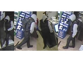 Pharmacy robbery suspect: Male, 5'11, wearing a grey hooded sweatshirt with the hood up, black vest, black jeans, black shoes and dark sunglasses carrying a black backpack on Dec. 14, 2015.