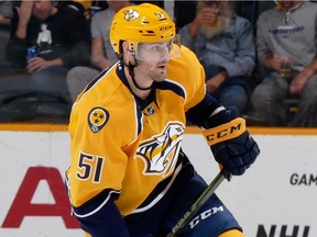 Former Spitfire Austin Watson of the Nashville Predators skates against the Pittsburgh Penguins during the third period at Bridgestone Arena on October 24, 2015 in Nashville, Tennessee.