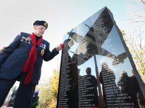 Windsor, Nov. 11: Veteran, George LaBute pays tribute to his brother Bill LaBute, who was in the RCAF and is named on the Essex Memorial Spitfire and Honour Wall in Essex. The Essex Memorial Spitfire and Honour Wall wall is dedicated to the men and women who served with the RAF and RCAF in Second World War.