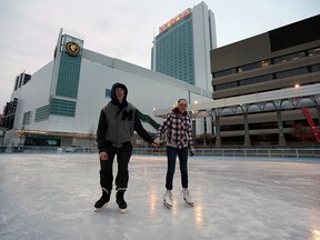 Jakob Quinn and Janessa Leach skate at Charles Clark Square outdoor rink which opened at 3 P.M. Monday, Jan. 11, 2016.  Quinn and Leach had the whole rink to themselves, likely due to the area's first blast of Arctic air.