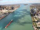 Aerial view of the Detroit River looking east.