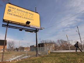 A billboard is shown on University Ave. W. in Windsor, ON. on Monday, January 25, 2016, which is part of the City of Windsor and town of Tecumseh's campaign to urge local charities to opt out of the class action lawsuit involving bingo fees. (DAN JANISSE/The Windsor Star)