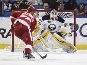 Robin Lehner #40 of the Buffalo Sabres prepares to make a save during the game against the Detroit Red Wings on Friday, January 22, 2016 at the First Niagara Center in Buffalo, N.Y.
