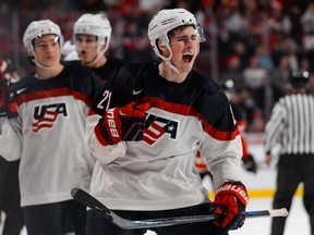 MONTREAL, QC - DECEMBER 31:  Dylan Larkin #21 of Team United States celebrates his goal in a preliminary round game during the 2015 IIHF World Junior Hockey Championship against Team Canada at the Bell Centre on December 31, 2014 in Montreal, Quebec, Canada.  (Photo by Minas Panagiotakis/Getty Images)