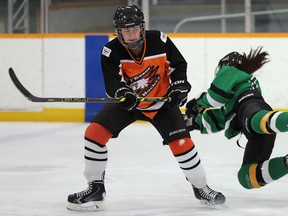 L'Essor's Julia Bodnar (L) and Lajeunesse's Anicea Saliba collide during their game on Tuesday, January 5, 2015, in Tecumseh, ON. (DAN JANISSE/The Windsor Star)