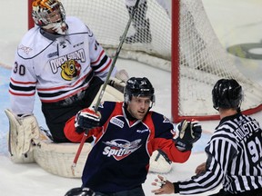 Windsor Spitfires Aaron Luchuk, shown in a game against Owen Sound on Jan. 7, 2016, had a goal and three assists to lead the club to a 5-4 win over the Attack on Oct. 29, 2017. It was Windsor's first win in Owen Sound since 2013.