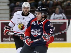 Windsor Spitfires Brendan Lemieux looks for a pass against Owen Sound Attack in OHL action from WFCU Centre January 7, 2016.