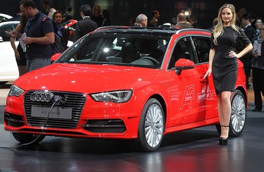 The Audi A3 e-tron is shown on Monday, Man. 11, 2016, at the North American International Auto Show in Detroit, Mich.