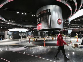 The Fiat Chrysler Automobiles section is pictured under construction at the North American International Auto Show on Thursday, Jan. 7, 2016, at the Cobo Center in Detroit, Mich.