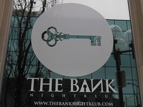 The logo of The Bank Nightklub on its front doors at 285 Ouellette Ave.