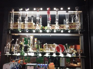 An assortment of glass bongs for sale at Higher Limits (251 Ouellette Ave.), Windsor's first cannabis vapour lounge.