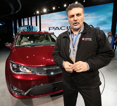 Dino Chiodo, president of Unifor local 444, is shown in front of a 2017 Chrysler Pacifica on Monday, Jan. 11, 2016, at the North American International Auto Show in Detroit, Mich.