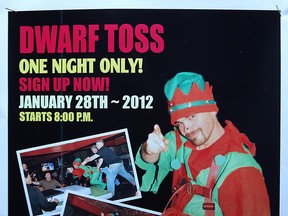A poster at Leopard's Lounge advertising the dwarf-tossing event of Jan. 2012.