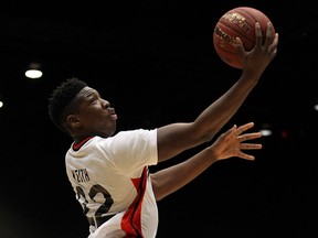 The Windsor Express' Shaquille Keith drives to the net against the London Lightning during the Clash at the Colosseum at Caesars Windsor on Wednesday, Feb. 3, 2016.