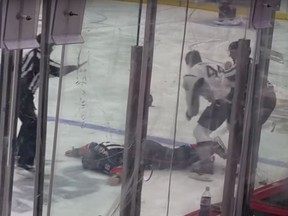 This screen capture from a YouTube video shows Brian McGrattan of the San Diego Gulls lying unconscious on the ice after taking a punch from LaSalle's Daniel Maggio of the San Antonio Rampage in an AHL game Tuesday night.