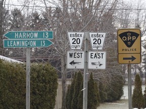 Harrow, On. Jan. 6, 2009:  Harrow and Leamington signs are posted on county road 20 in Essex, Ontario east of the Arner townline.   See story by Doug Williamson on the tenth anniversary of the county amalgamation.  Jason Kryk, The Windsor Star