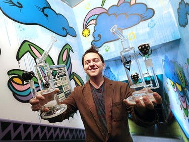 Jon Liedtke, co-owner of Higher Limits vaping lounge in downtown Windsor, shows some of the paraphernalia that the establishment sells.